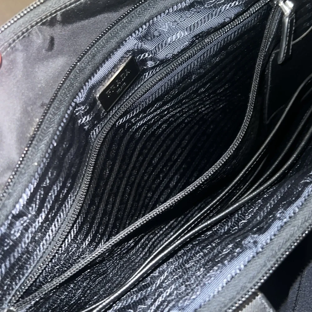 Prada black re-nylon and saffiano leather laptop messenger bag